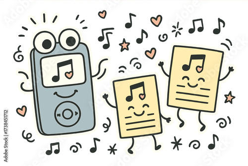 Dancing Playlist Stickers. Whimsical doodle stickers: music player with eyes, dancing playlists, tiny hearts as notes, cheerful