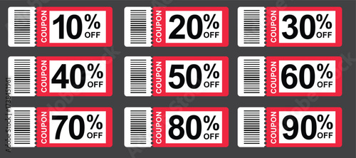 A collection of nine red and white coupons with different percentage discounts, ranging from 10% to 90% off.