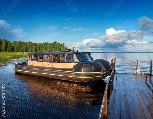 hovercraft near the pier on kizhi island on lake onega