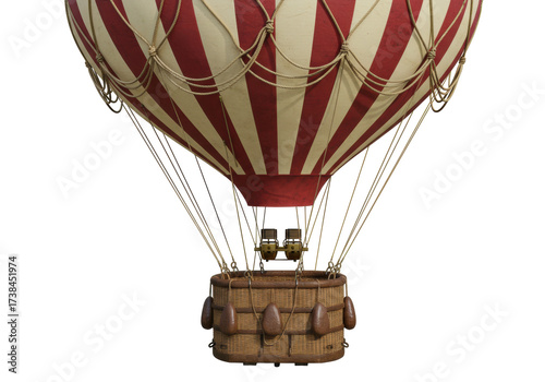 Vintage hot air balloon isolated PNG, red and beige striped aerostat with wicker basket on transparent background