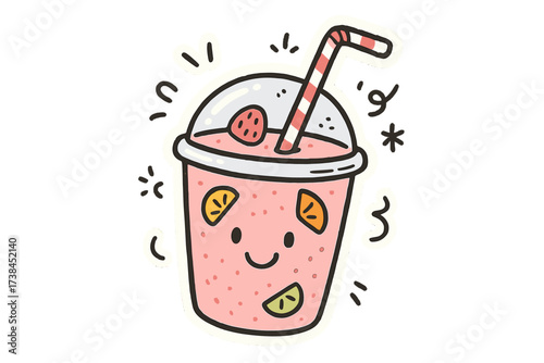 Smiling Smoothie Fun. Lovely doodle stickers: smoothie cup with happy face, tiny fruit slices floating, straw waving, playful