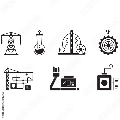 Collection of industrial and engineering icons representing power science and manufacturing processes