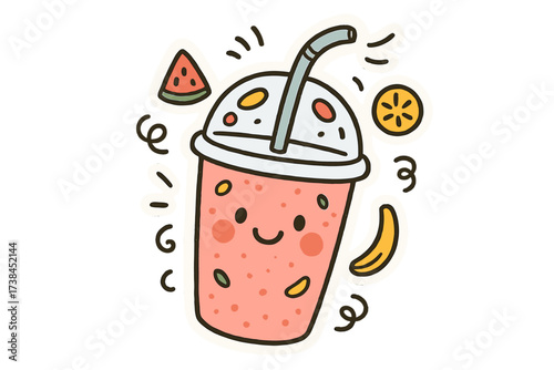Smiling Smoothie Fun. Lovely doodle stickers: smoothie cup with happy face, tiny fruit slices floating, straw waving, playful