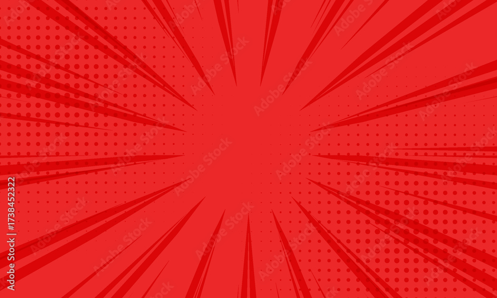 Obraz premium Red comic sunburst effect background with halftone. pop art comic-style vector background. Suitable for templates, sale banners, events, ads, Vector illustration