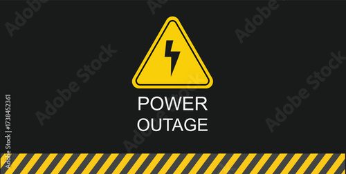 A warning sign with a yellow triangle and lightning bolt symbol above the text 'POWER OUTAGE' on a dark background with hazard stripes.