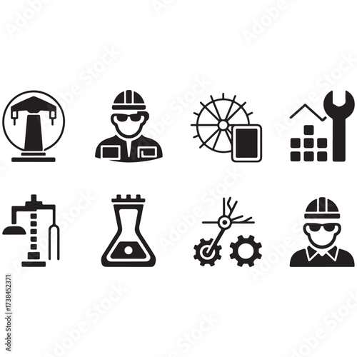 Collection of engineering and construction icons representing various industries and professions