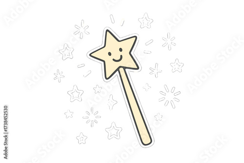 Joyful Doodle Stickers. Joyful doodle stickers: smiling magical wand, tiny stars and sparkles flying, playful doodle style, white