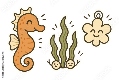 Whimsical Seahorse Stickers. Whimsical doodle stickers: smiling seahorse, tiny seaweed and pearls waving, cheerful doodle charm,
