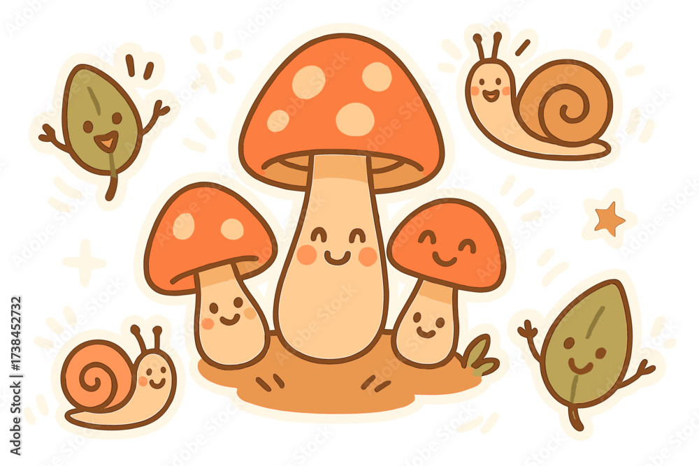 Fototapeta premium Cheerful Mushroom Stickers. Cheerful doodle stickers: happy mushroom cluster, tiny snails and leaves waving, playful doodle