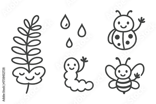 Whimsical Doodle Stickers. Charming doodle stickers: smiling fern, tiny dewdrops and insects waving, simplified doodle forms,