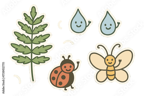 Whimsical Doodle Stickers. Charming doodle stickers: smiling fern, tiny dewdrops and insects waving, simplified doodle forms,