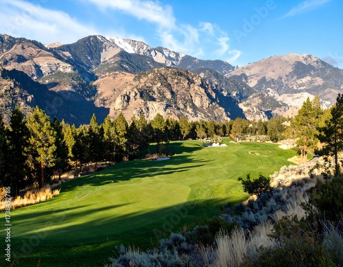 Panoramic view of a golf course nestled in a mountain valley