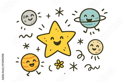 Joyful Doodle Stickers. Joyful doodle stickers: happy star, tiny planets and moons jumping, playful doodle details, white outline,