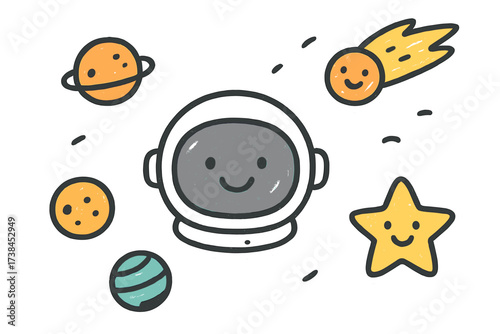 Doodle Astronaut & Planets. Adorable doodle stickers: smiling astronaut helmet, tiny planets and comets floating, cheerful doodle