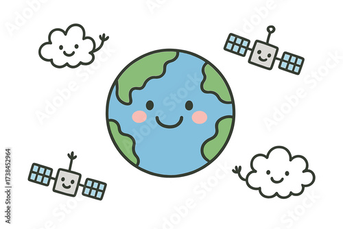 Joyful Earth Doodles. Joyful doodle stickers: smiling Earth, tiny clouds and satellites waving, playful doodle style, white