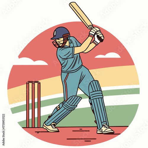 Cricket Batsman Ready to Strike in Colorful Illustration with Wicket and Gear Ready for Action
