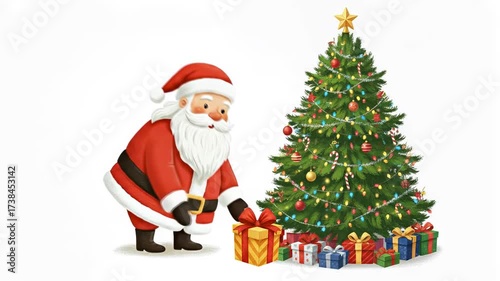 Santa Claus putting presents under the tree. Christmas cartoon.