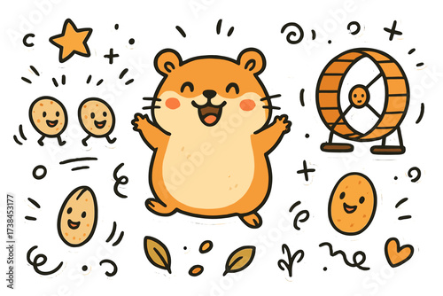 Happy Hamster Stickers. Cheerful doodle stickers: happy hamster, tiny wheels and seeds jumping, playful doodle details, white