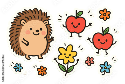 Whimsical Doodle Stickers. Whimsical doodle stickers: smiling hedgehog, tiny apples and flowers waving, playful doodle details,