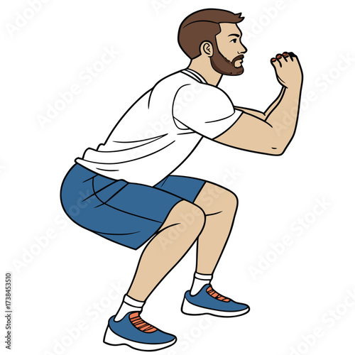 Man Performing a Squat Exercise for Fitness and Strength Training Cartoon Illustration Graphic Design Vector Image for Gym and Health Focused Content