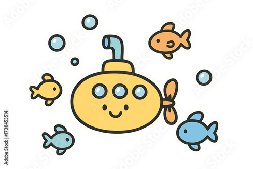 Smiling Submarine Doodle. Adorable doodle stickers: smiling submarine, tiny bubbles and fish floating, cheerful doodle charm,