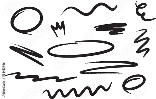 Abstract Ink Brush Strokes and Scribbles Set