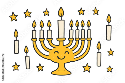 Playful Menorah Doodles. Delightful doodle stickers: smiling menorah, tiny candles and stars floating, playful doodle style, white
