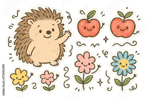 Whimsical Doodle Stickers. Whimsical doodle stickers: smiling hedgehog, tiny apples and flowers waving, playful doodle details,
