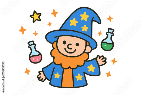 Cheerful Wizard Stickers. Bright doodle stickers: smiling wizard, tiny stars and potions floating, cheerful doodle charm, white