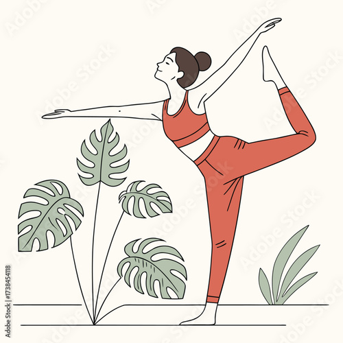 Woman in Yoga Pose with Tropical Plants Calm Mind Body Spirit and Wellness Illustration Graphic for Lifestyle