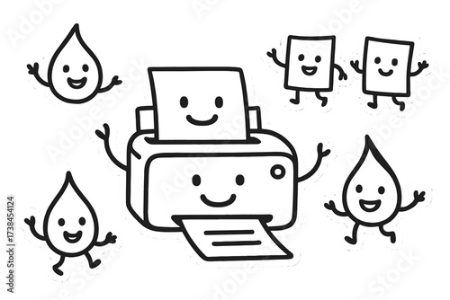 Joyful Doodle Stickers. Joyful doodle stickers: smiling printer, tiny papers and ink drops waving, playful doodle style, white