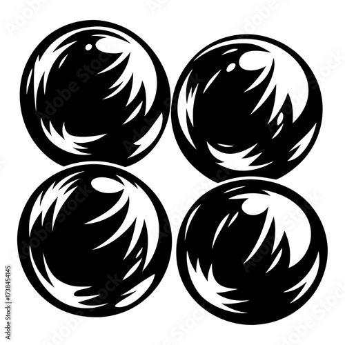 Four gleaming black orbs with abstract white patterns on a white background