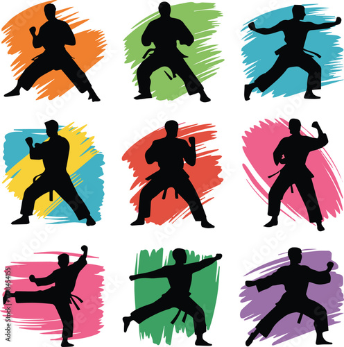 colorful brushstroke martial arts silhouettes nine dynamic poses vector illustration
