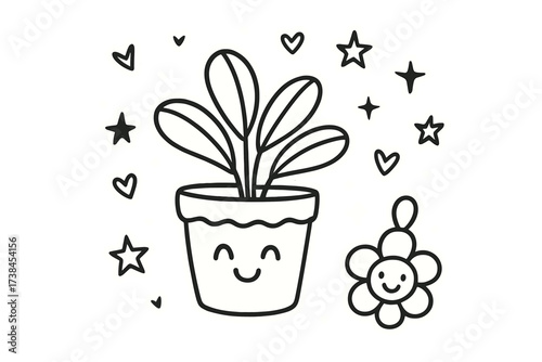 Whimsical Plant Stickers. Whimsical doodle stickers: happy potted plant, tiny hearts and stars floating, cheerful doodle charm,