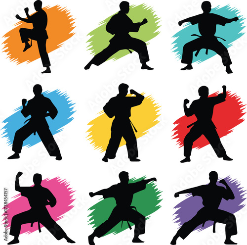 martial arts silhouette collection nine action poses vibrant brushstroke backgrounds vector