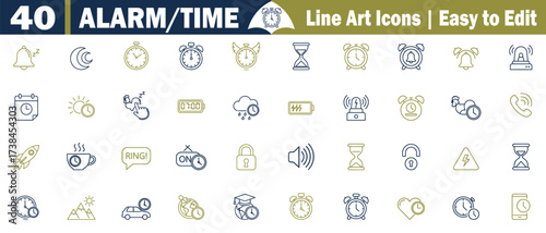 Alarm and Times Line Art Icons set. For Various Applications, clock, hourglass,  phone, siren, bell, megaphone, bomb, warning, lock, security, camera, handcuffs, shield, question vector illustration. 