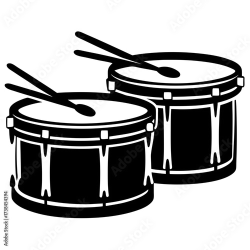 Black and white minimalist illustration of two drums with drum sticks on top