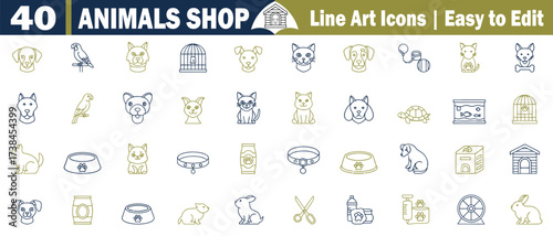 Animal Shop Related Line Art Icons for Pet Businesses, bird, parrot, turtle, fish, cage, kennel, bowl, food, collar, leash, scissors, medicine, hamster wheel, rabbit, vector illustration.  