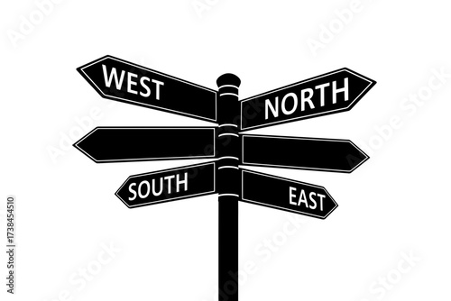 Silhouette of a directional signpost with cardinal points, symbolizing travel, choice, and guidance