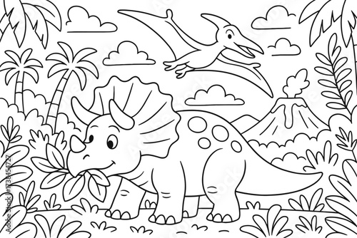 Dinosaur Jungle Adventure. Dinosaur jungle coloring page: triceratops eating leaves, pterodactyl flying above, volcano in distance