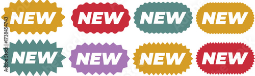 Vibrant promotional badges for e-commerce and marketing, eye-catching NEW labels in various shapes and retro colors, product launches and special offers on websites and in print