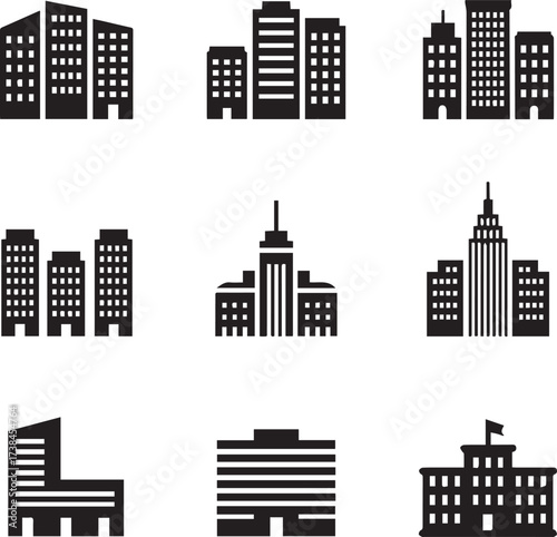 black building icons vector set skyscraper highrise municipal and residential silhouettes for design