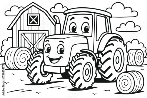Smiling Tractor Scene. Farm tractor coloring page: big tractor with smiling face, hay bales around, barn behind, black and white