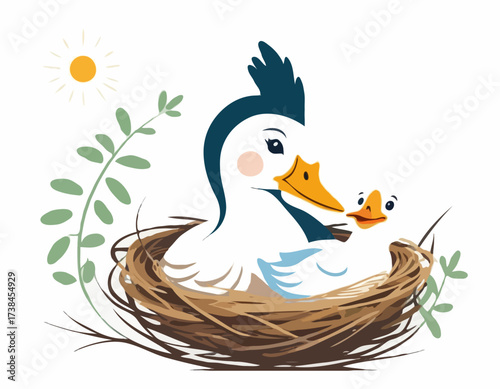 Mother Goose with Her Baby in the Nest Image Vector isolated on white background.