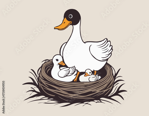 Mother Goose with Her Baby in the Nest Image Vector isolated on white background.