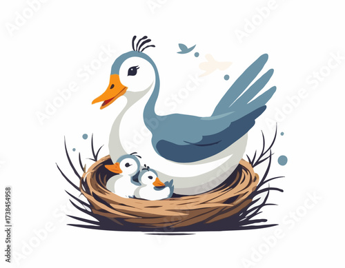 Mother Goose with Her Baby in the Nest Image Vector isolated on white background.