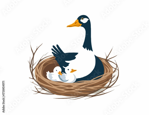 Mother Goose with Her Baby in the Nest Image Vector isolated on white background.