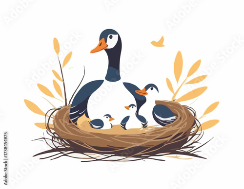 Mother Goose with Her Baby in the Nest Image Vector isolated on white background.