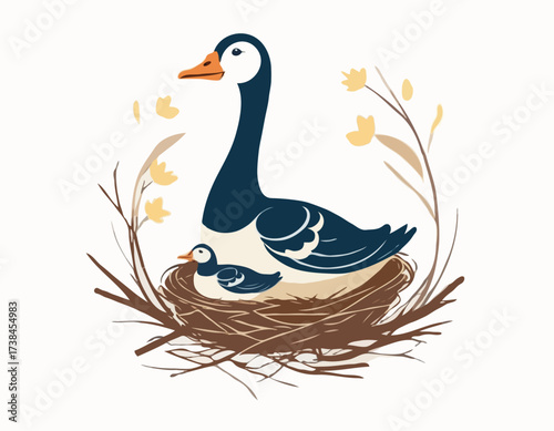 Mother Goose with Her Baby in the Nest Image Vector isolated on white background.