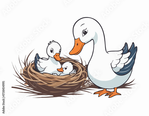 Mother Goose with Her Baby in the Nest Image Vector isolated on white background.